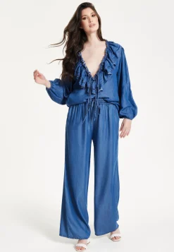 Blue Ruffle Front Wide Leg Jumpsuit
