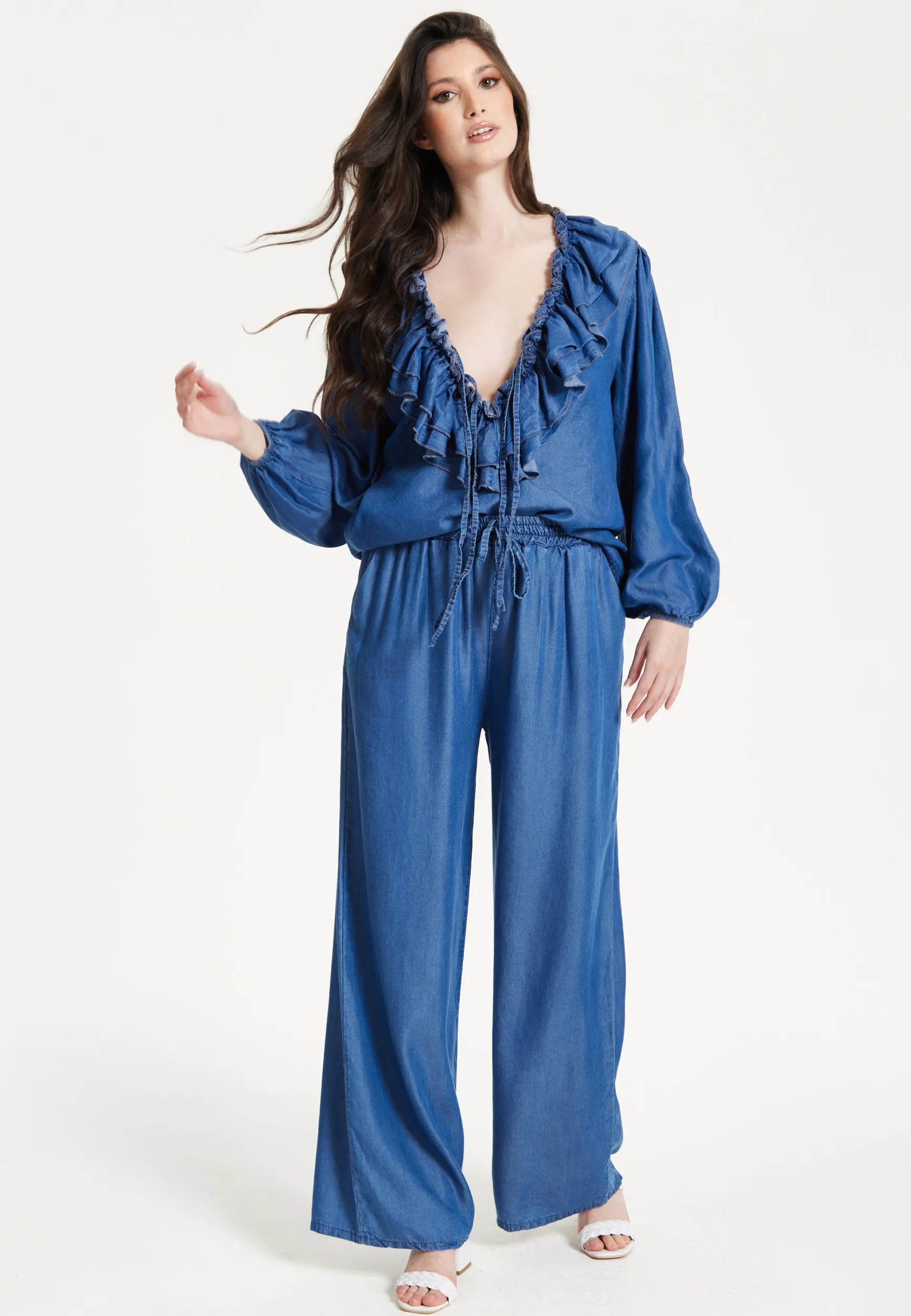Blue Ruffle Front Wide Leg Jumpsuit