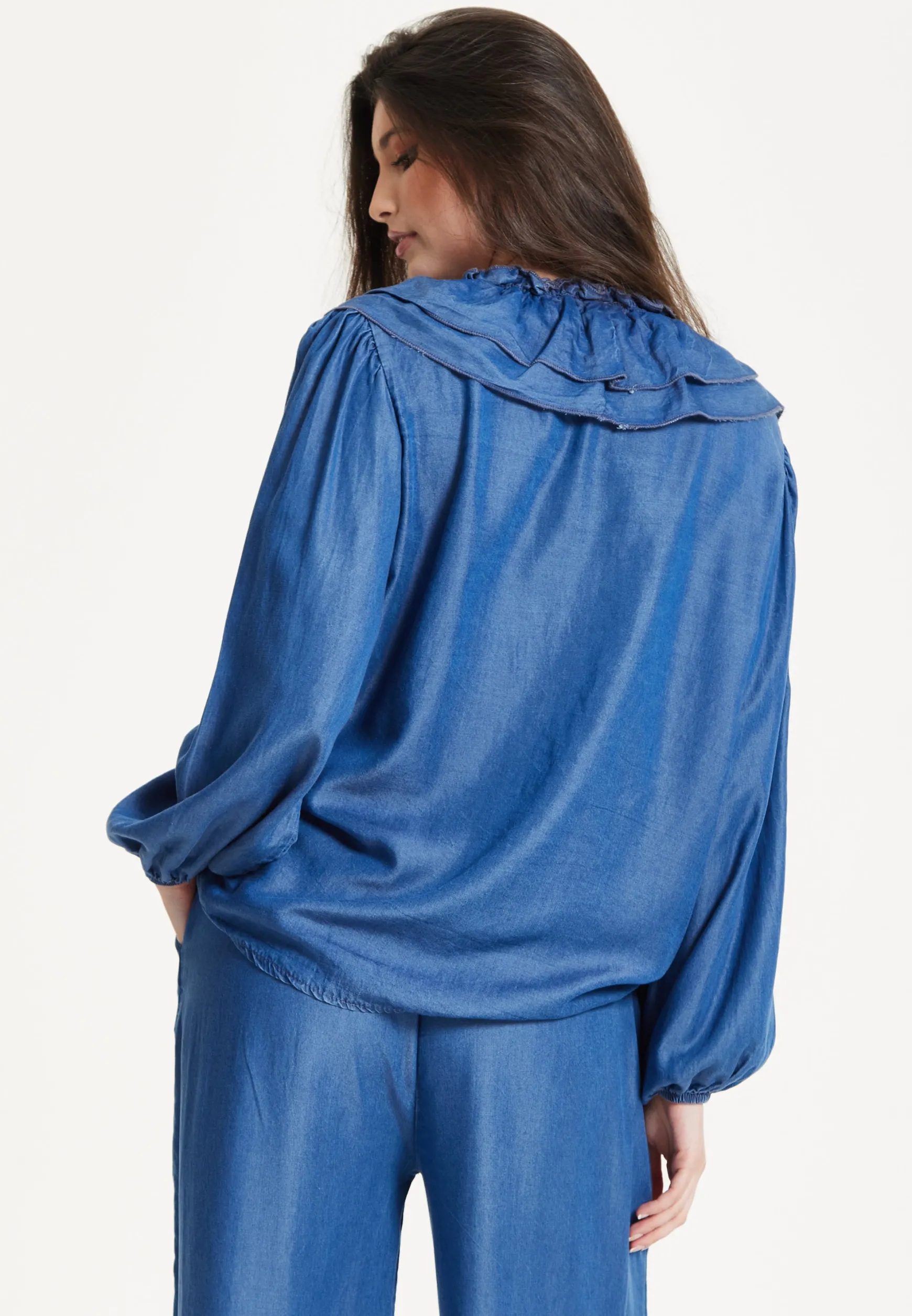 Blue Ruffle Front Wide Leg Jumpsuit