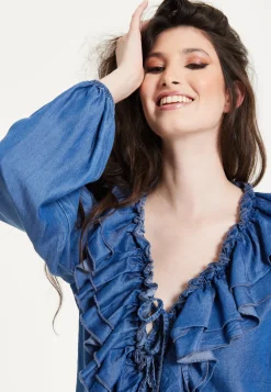 Blue Ruffle Front Wide Leg Jumpsuit