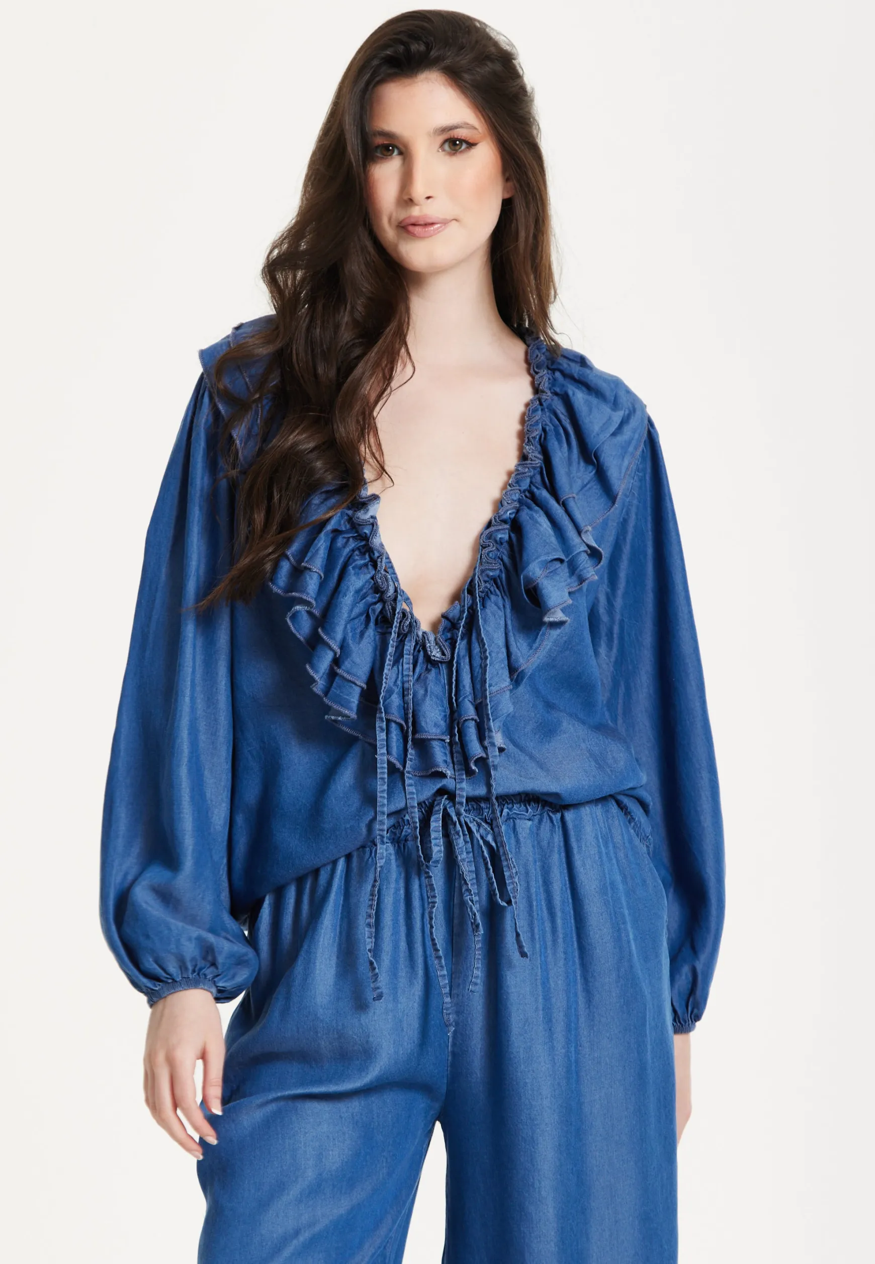 Blue Ruffle Front Wide Leg Jumpsuit