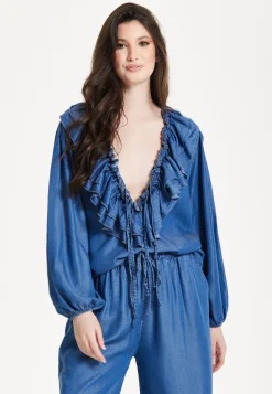 Blue Ruffle Front Wide Leg Jumpsuit