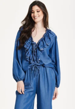 Blue Ruffle Front Wide Leg Jumpsuit