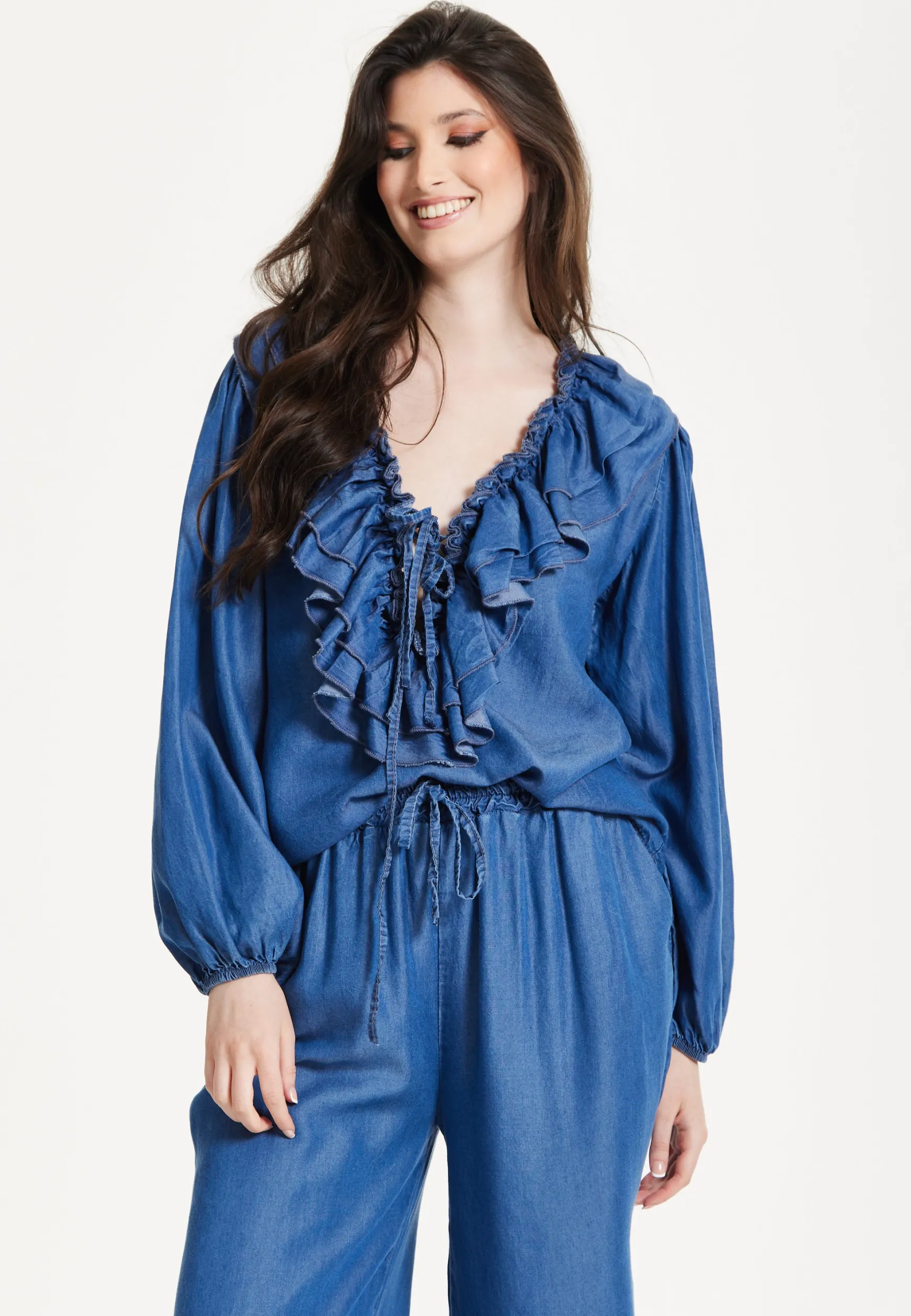 Blue Ruffle Front Wide Leg Jumpsuit