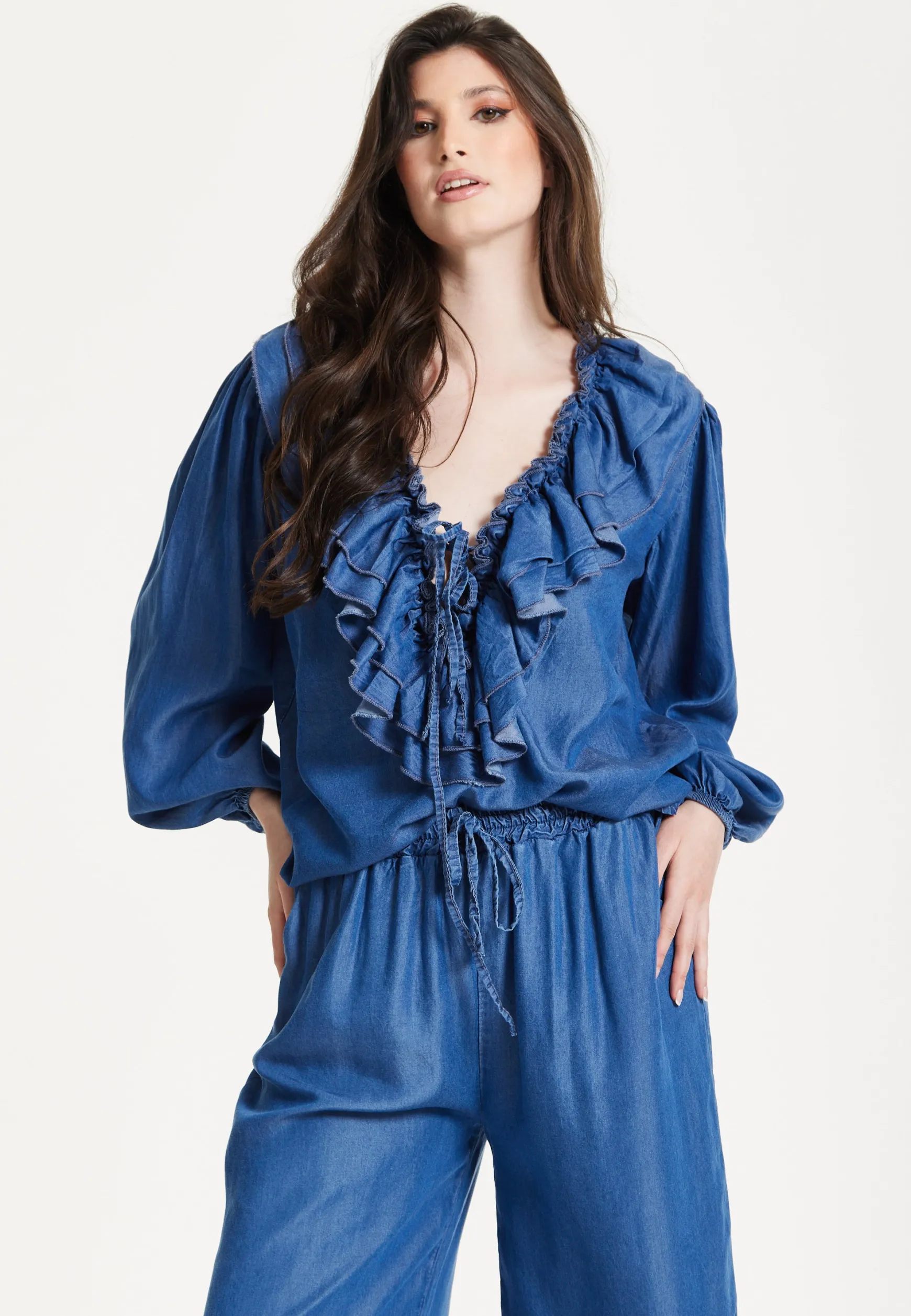 Blue Ruffle Front Wide Leg Jumpsuit