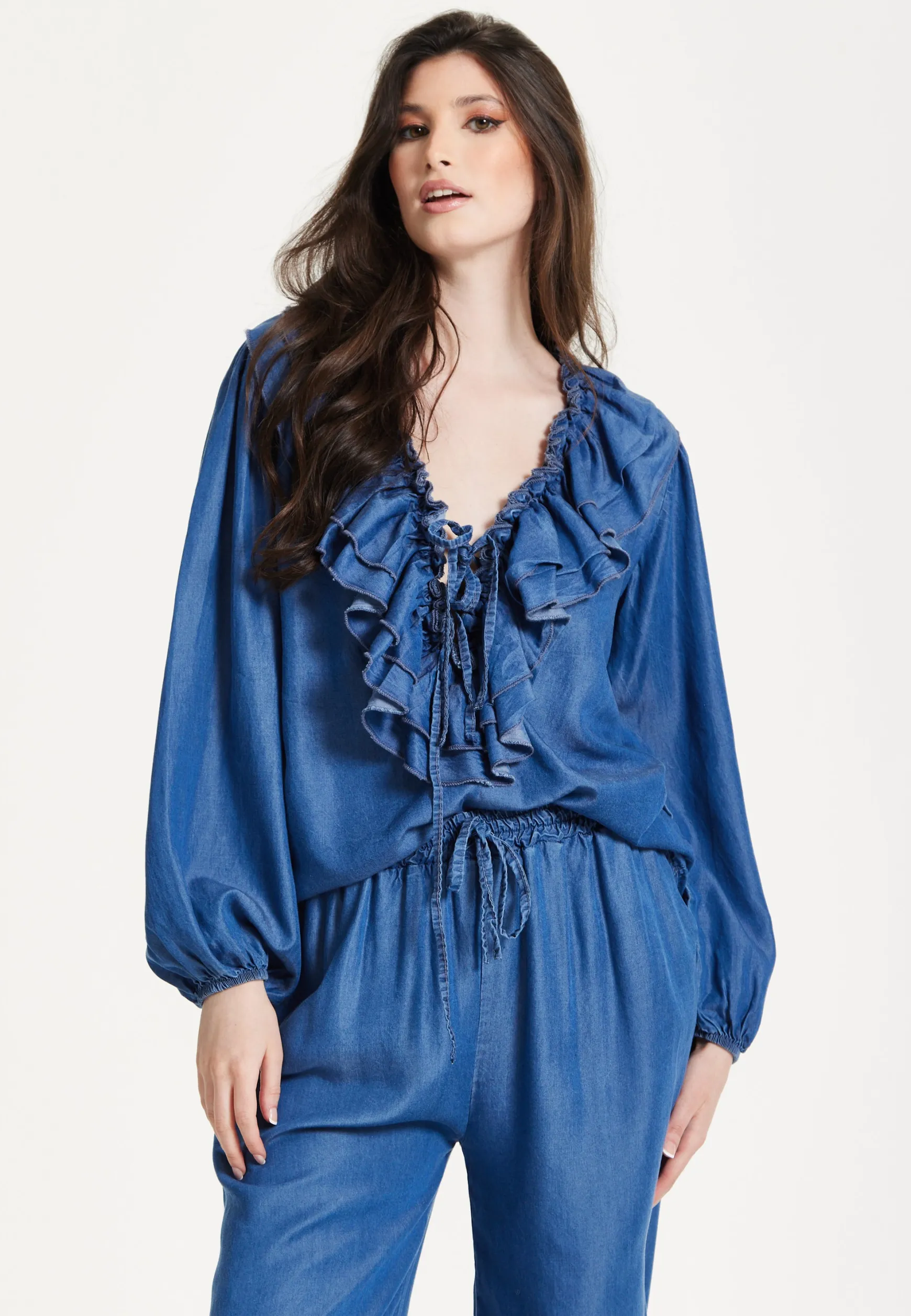 Blue Ruffle Front Wide Leg Jumpsuit