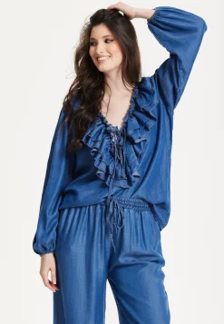 Blue Ruffle Front Wide Leg Jumpsuit