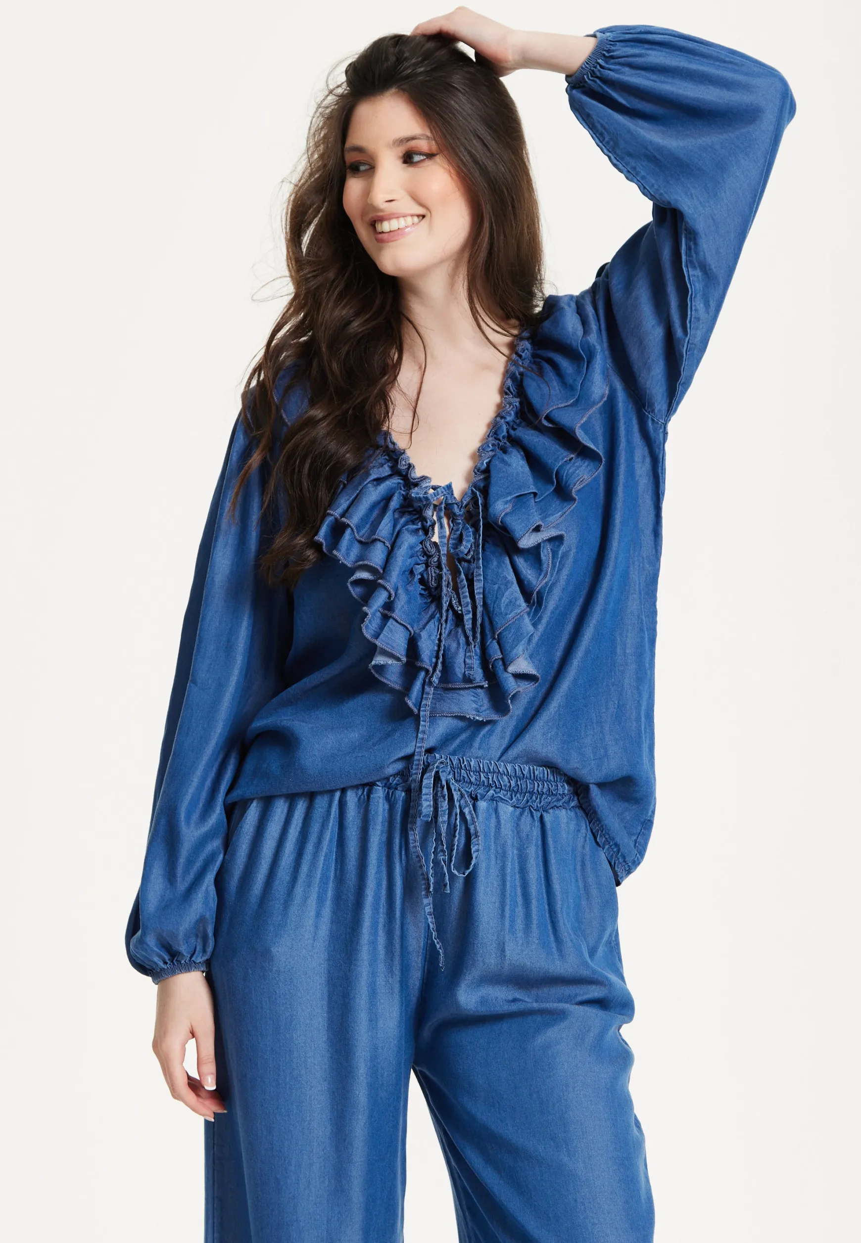 Blue Ruffle Front Wide Leg Jumpsuit