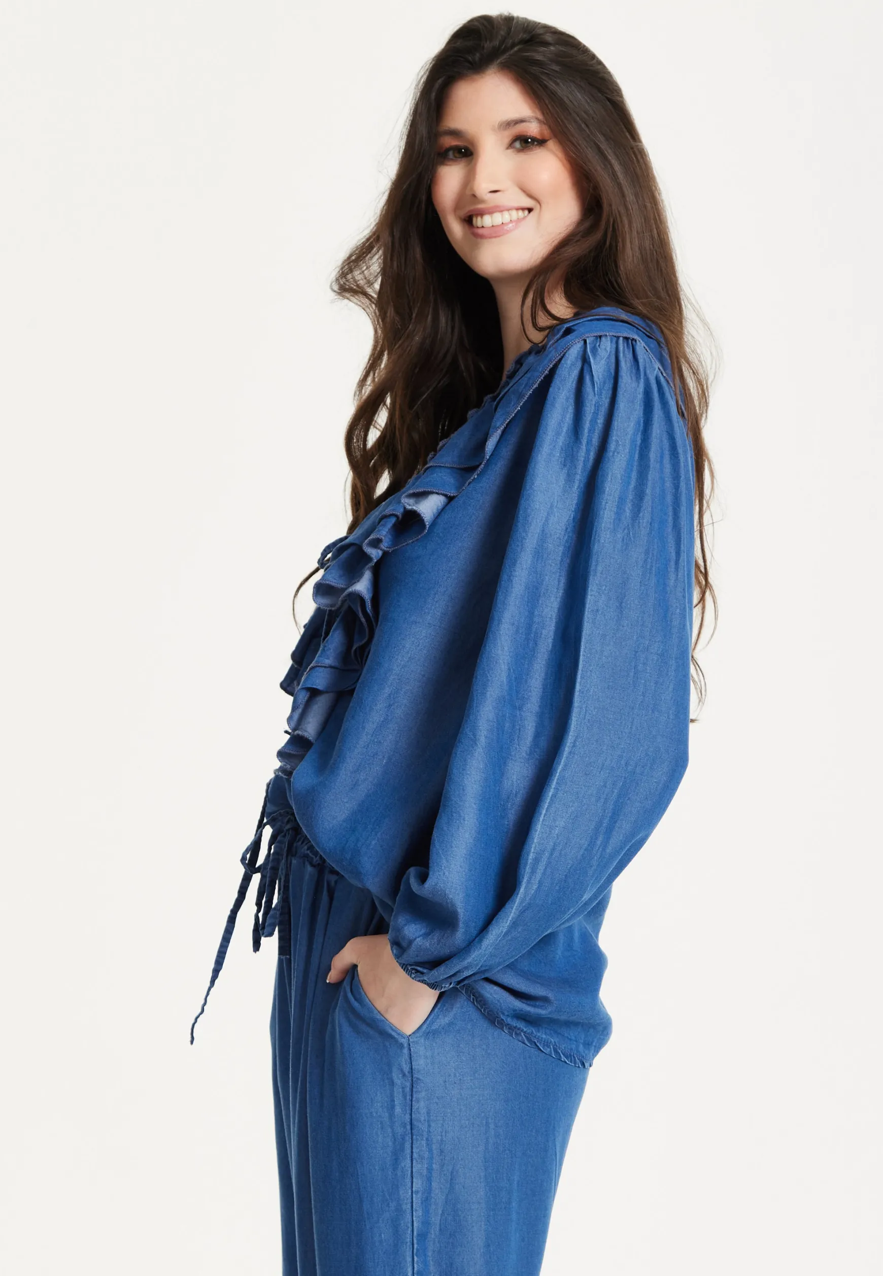 Blue Ruffle Front Wide Leg Jumpsuit