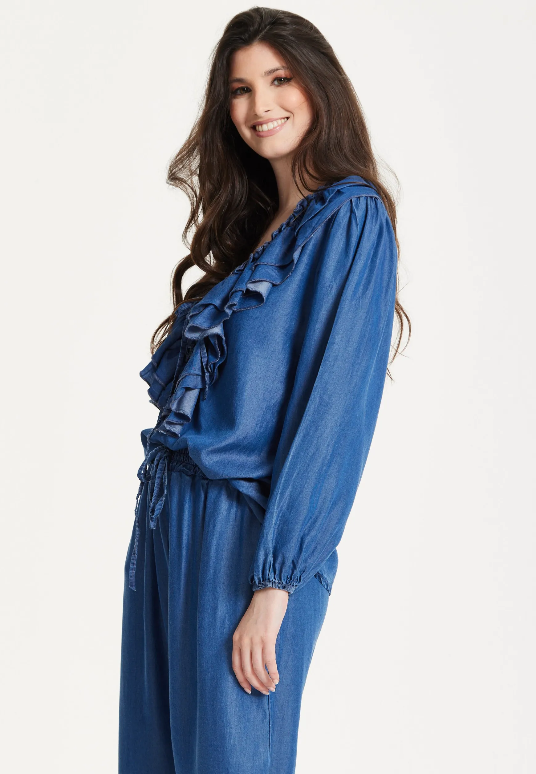Blue Ruffle Front Wide Leg Jumpsuit