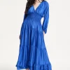 Blue Shirred Waist Satin Maxi Dress