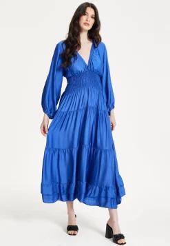 Blue Shirred Waist Satin Maxi Dress