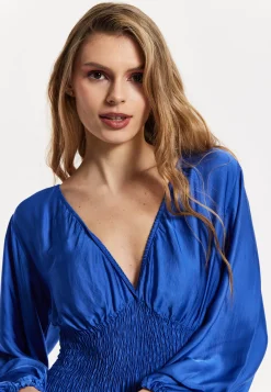 Blue Shirred Waist Satin Maxi Dress