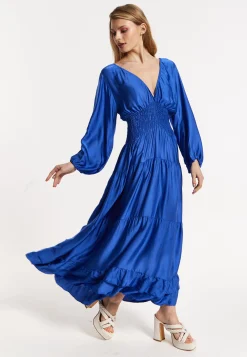 Blue Shirred Waist Satin Maxi Dress