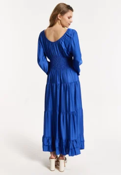 Blue Shirred Waist Satin Maxi Dress