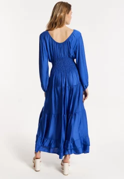 Blue Shirred Waist Satin Maxi Dress