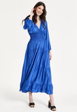 Blue Shirred Waist Satin Maxi Dress