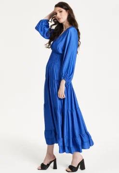 Blue Shirred Waist Satin Maxi Dress