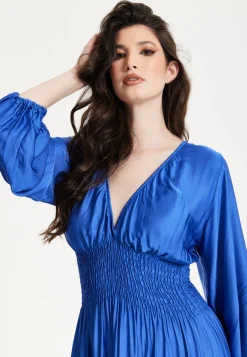 Blue Shirred Waist Satin Maxi Dress