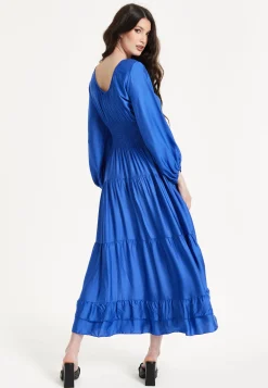 Blue Shirred Waist Satin Maxi Dress