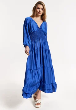 Blue Shirred Waist Satin Maxi Dress