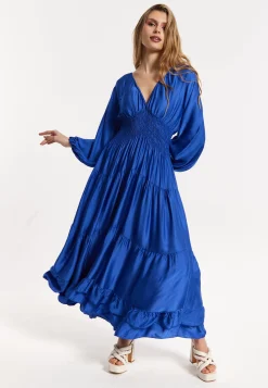 Blue Shirred Waist Satin Maxi Dress