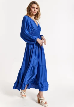 Blue Shirred Waist Satin Maxi Dress