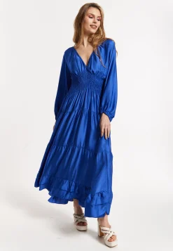 Blue Shirred Waist Satin Maxi Dress
