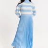 Blue Stripe Turtleneck Pleated Maxi Dress
