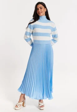 Blue Stripe Turtleneck Pleated Maxi Dress