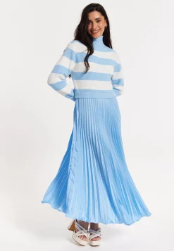 Blue Stripe Turtleneck Pleated Maxi Dress