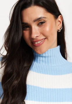 Blue Stripe Turtleneck Pleated Maxi Dress