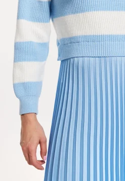 Blue Stripe Turtleneck Pleated Maxi Dress