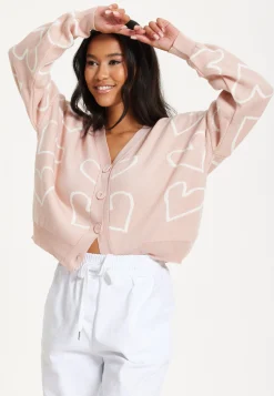 Blush Pink Heart Print Cardigan