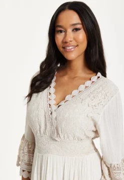 Cream Lace Trim Boho Midi Dress