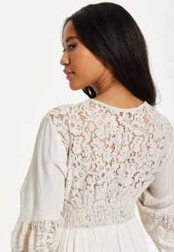 Cream Lace Trim Boho Midi Dress