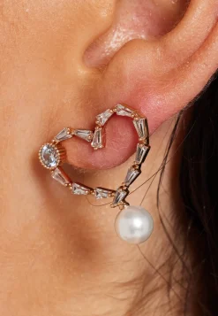 Crystal Heart Stud Earrings in Gold with Pearl