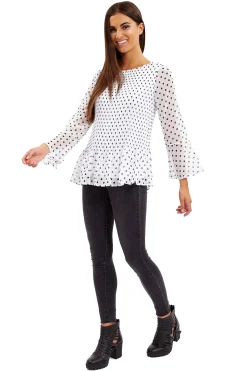Divine Grace White Polka Dots Pleated Blouse