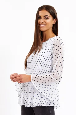 Divine Grace White Polka Dots Pleated Blouse