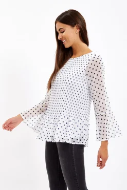 Divine Grace White Polka Dots Pleated Blouse