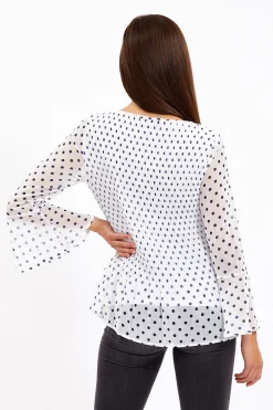 Divine Grace White Polka Dots Pleated Blouse