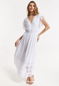 Elegant V-Neck White Lace Maxi Dress