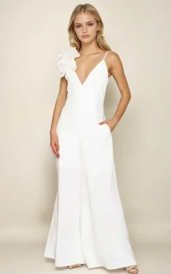Elegant White Jumpsuit with Floral Shoulder Detail
