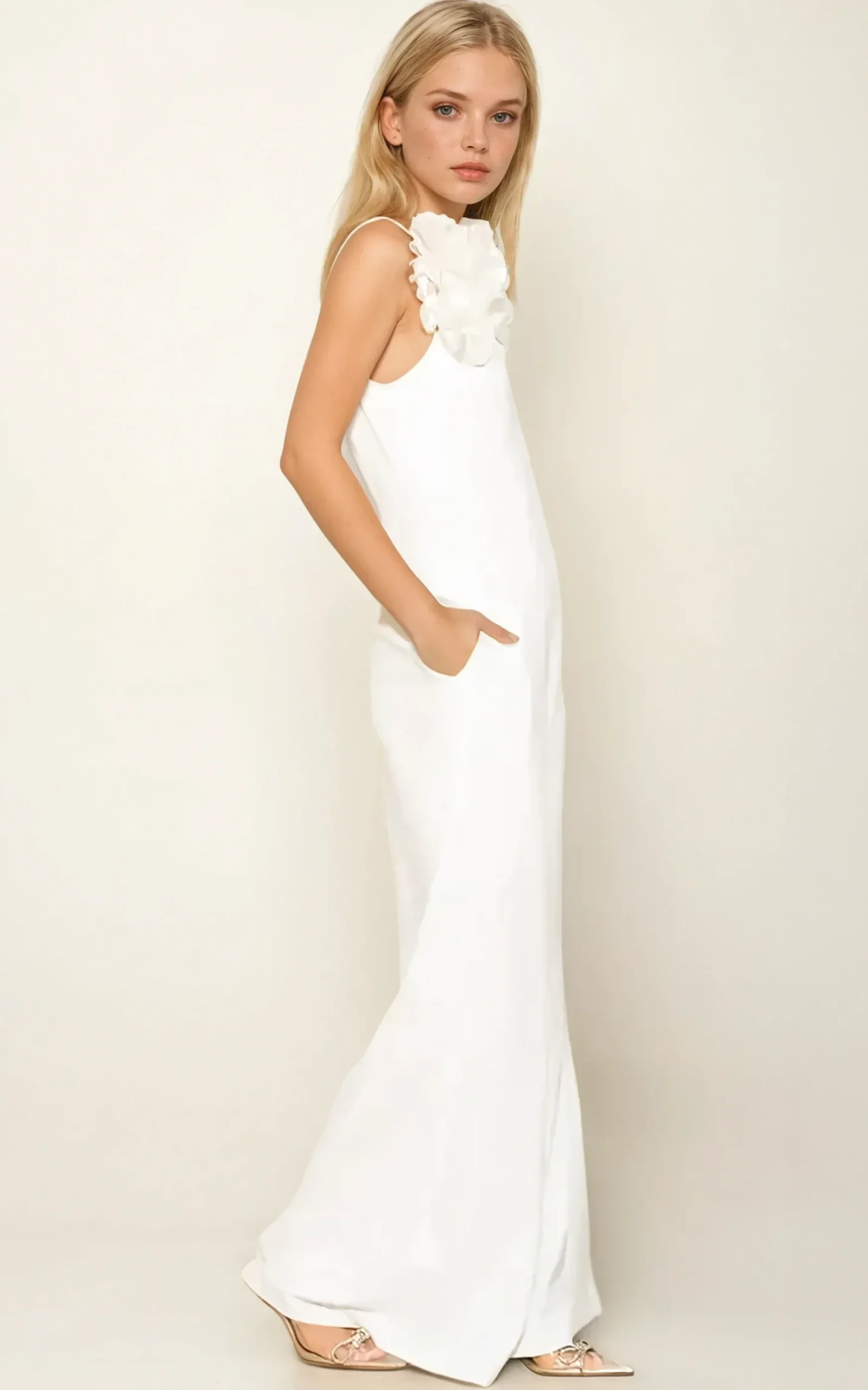 Elegant White Jumpsuit with Floral Shoulder Detail