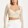 Embellished Nude Long Sleeve Crop Top
