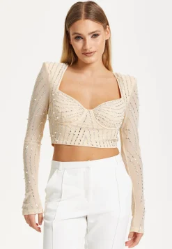 Embellished Nude Long Sleeve Crop Top