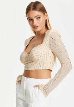 Embellished Nude Long Sleeve Crop Top