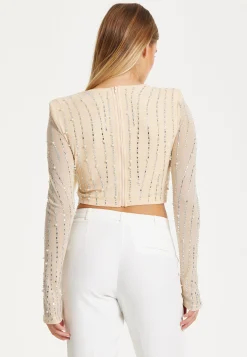 Embellished Nude Long Sleeve Crop Top
