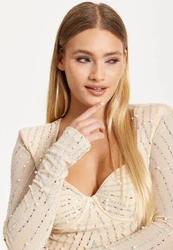 Embellished Nude Long Sleeve Crop Top