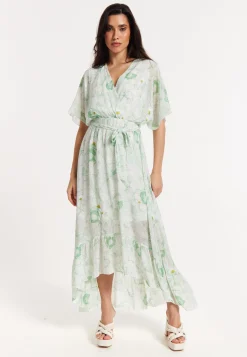 Floral Embroidered Wrap Front Maxi Dress